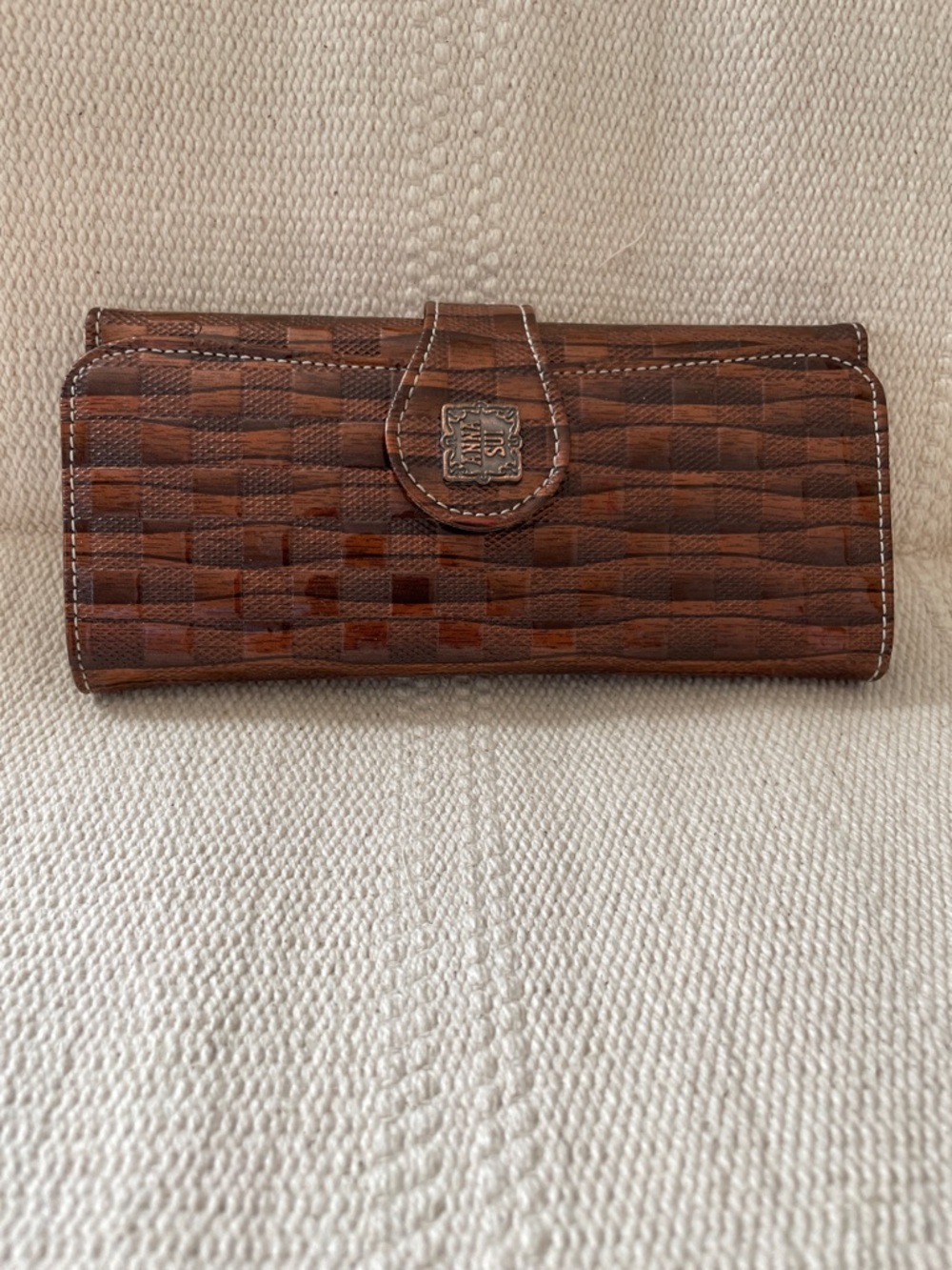 Anna Sui Brown Checkerboard Patent Leather Wallet with Logo Plaque